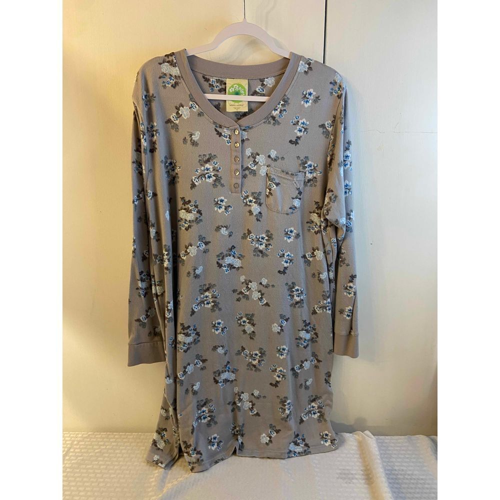 White Orchid 1x super soft Ls pj gown gray blue flowers rn# 36455‎